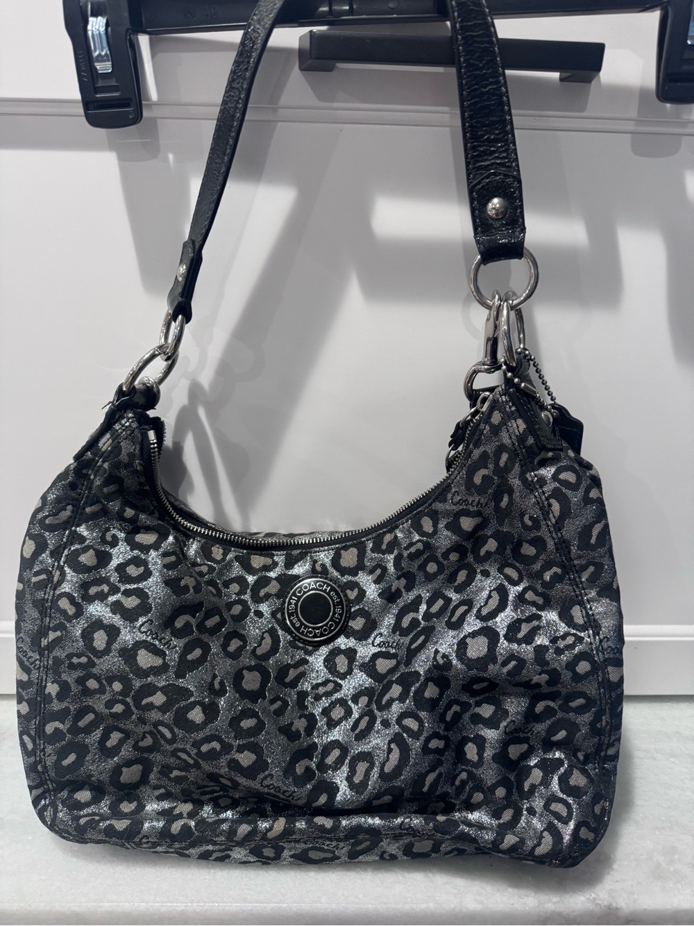 Coach Metallic Silver and Black Leopard Ocelot Shoulder Bag